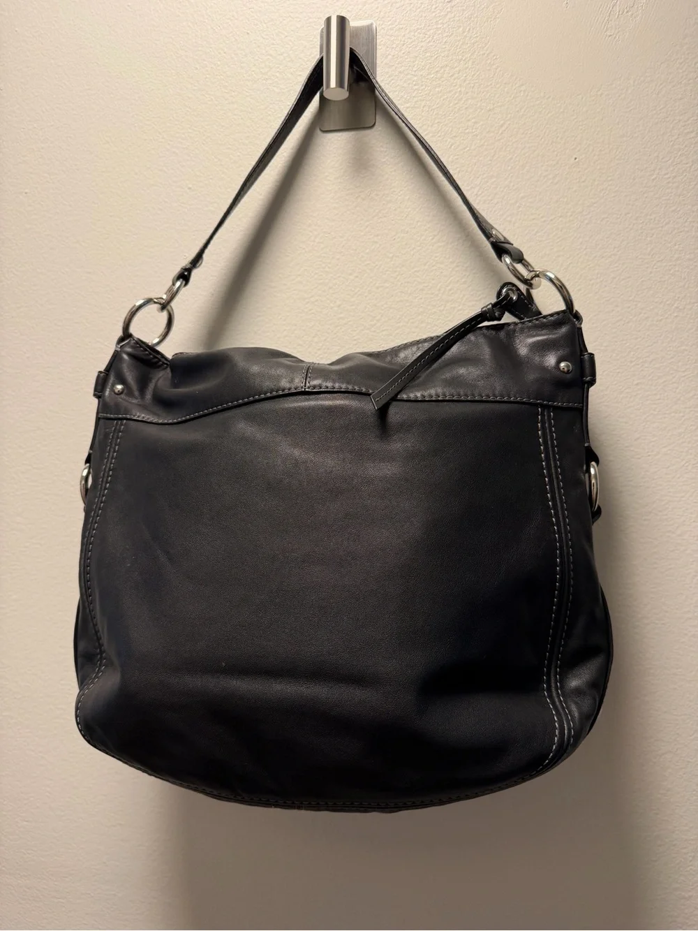 COACH XL Black Buttery Leather Handbag White Topstitching EUC